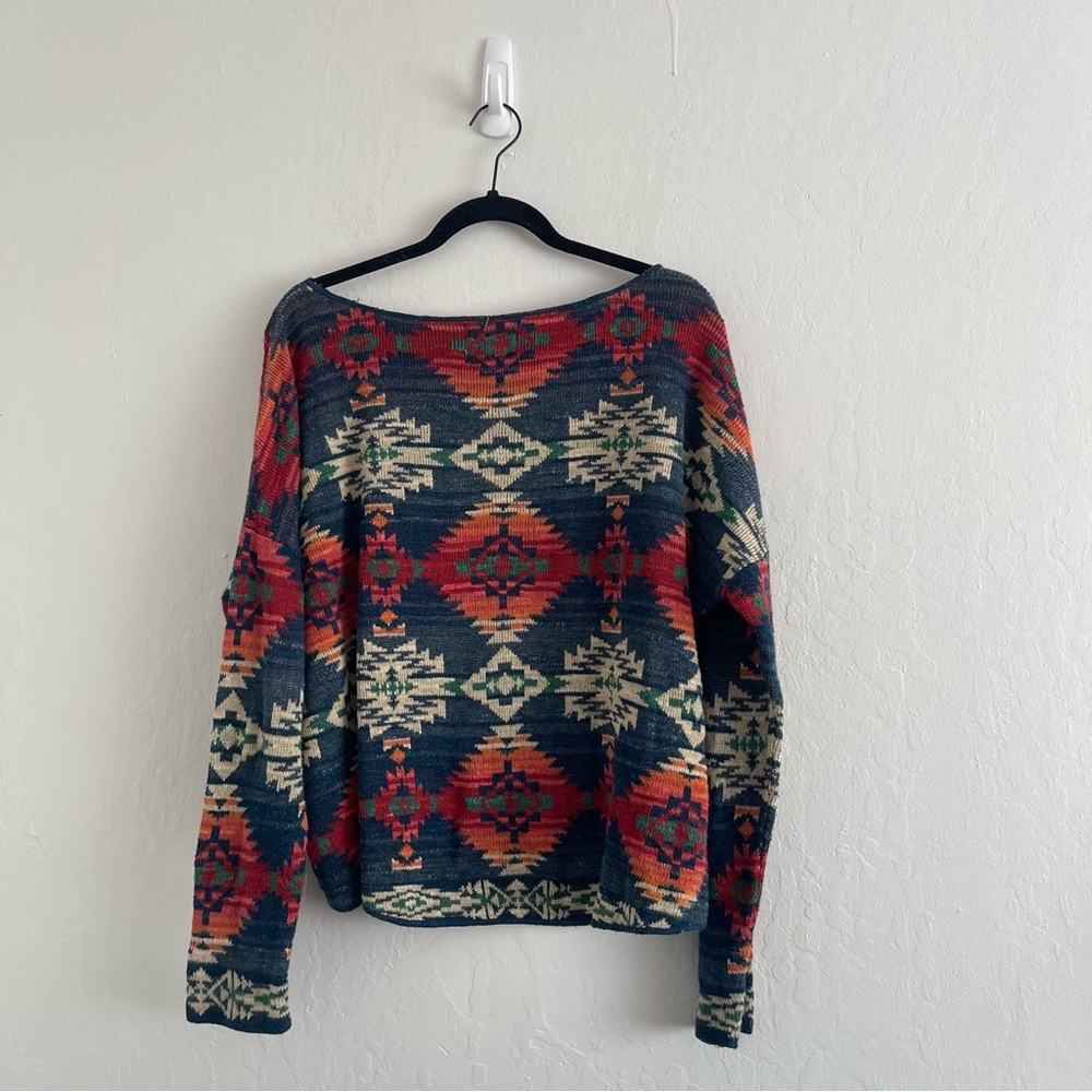 DENIM & SUPPLY RL Aztec Southwest Wide Neck Boxy Sweater Cotton Womens Size XL - Picture 2 of 5